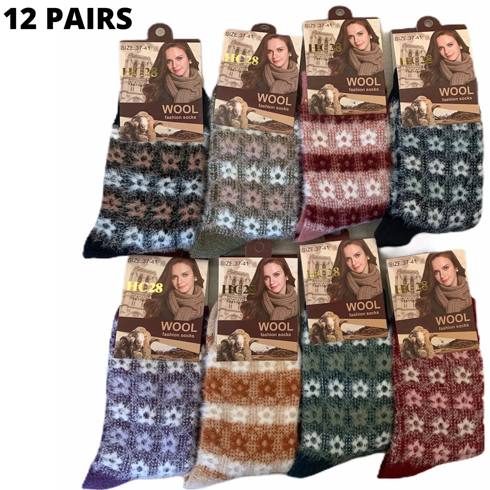 12x Womens Angora Wool Blend Socks - Soft & Warm (EU37-EU41)