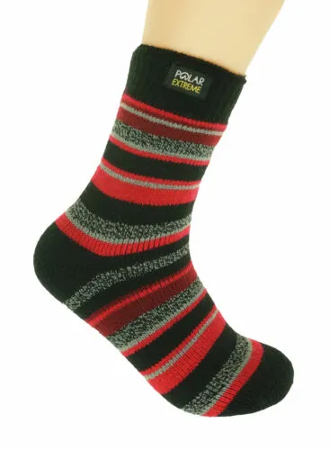 Polar Extreme Boy's Insulated Thermal Striped Crew Socks Black Red Stripes