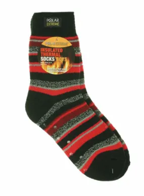 Polar Extreme Boy's Insulated Thermal Striped Crew Socks Black Red Stripes