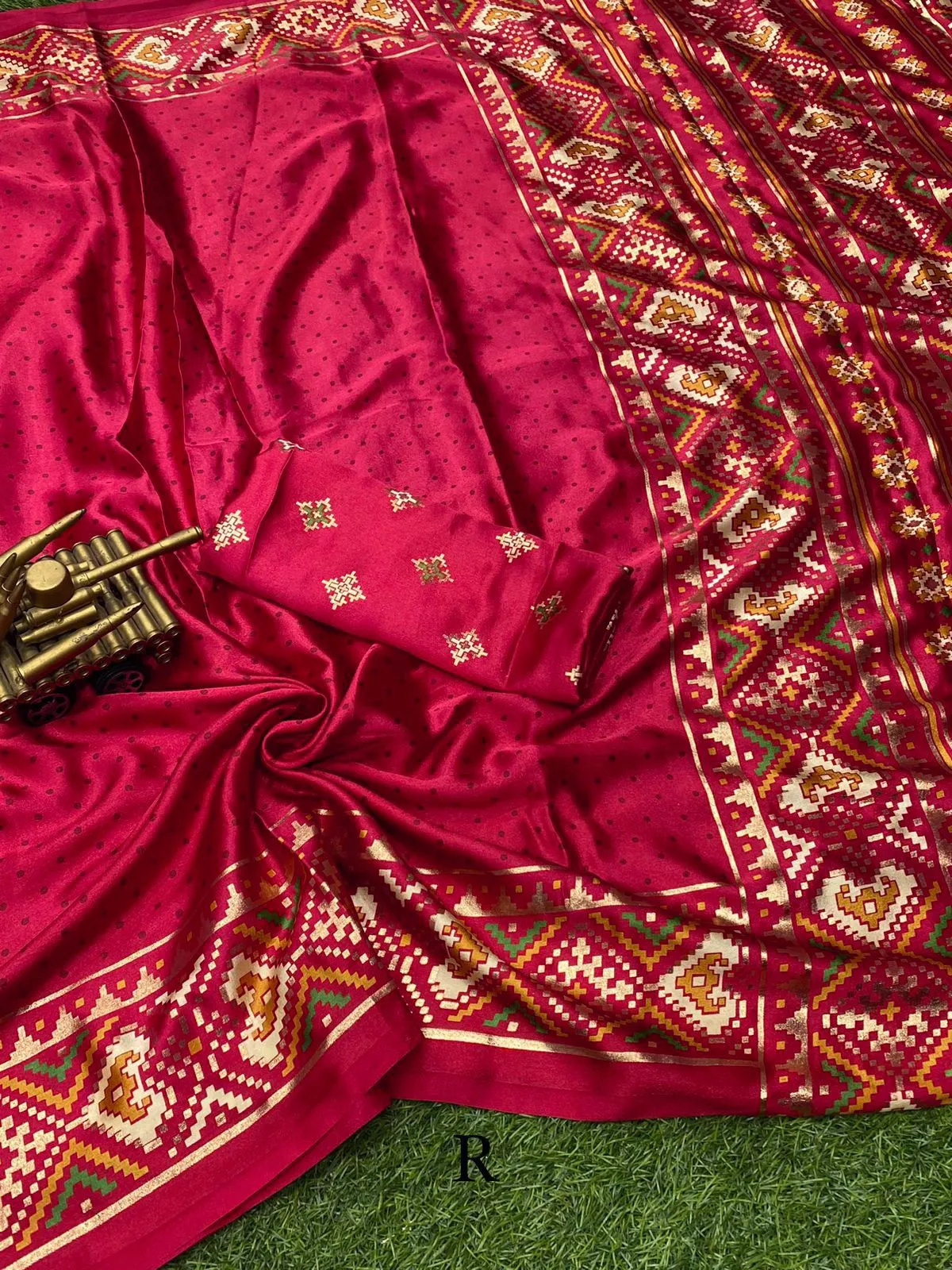 Stylish Ajrakh Print With Shiny Base Saree & Printed Blouse Saree