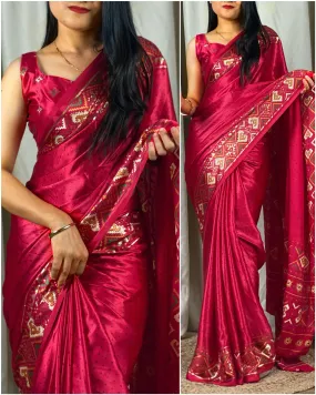 Stylish Ajrakh Print With Shiny Base Saree & Printed Blouse Saree